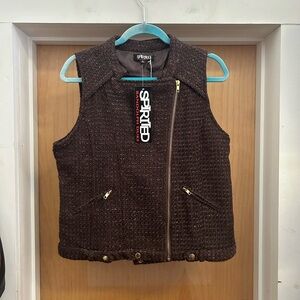 NWT! Spirited Randolph Duke Brown Tweed Moto Vest with Gold Hardware - size M